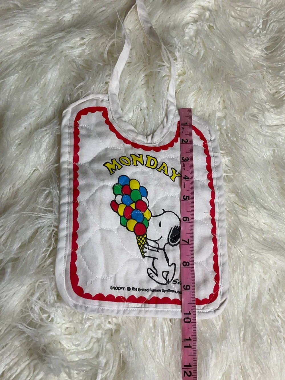 Vintage Snoopy 1958 Quilted “Monday” Baby Bib Peanuts Schulz